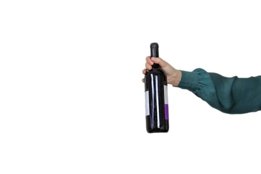Female holding bottle of expensive red wine isolated on white background, giving gift, party, alcohol concept space for text