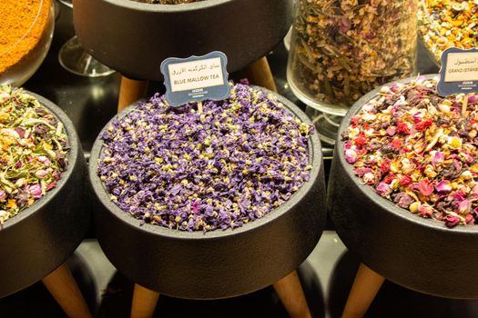 Market with different types of   tea , herbs, plants and dried flowers