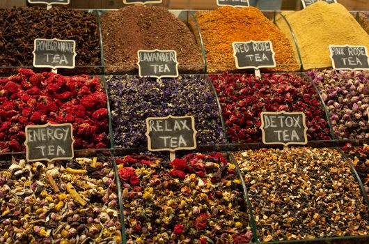 Market with different types of   tea , herbs, plants and dried flowers