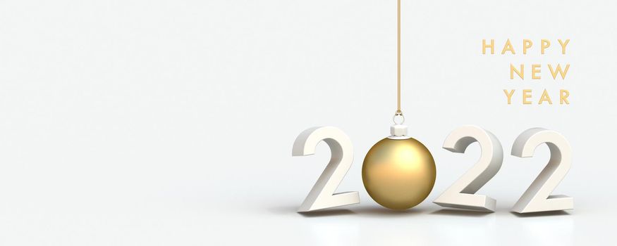 2022 New Year greeting card with golden Christmas ball 3D rendering 3D illustration