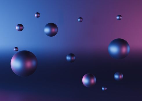 abstract background of floating spheres on metallic background with neon illumination. 3d render