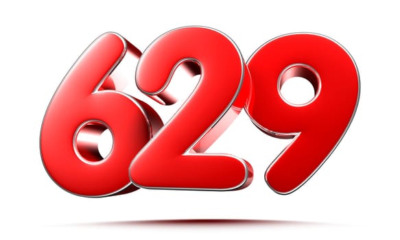 Rounded red numbers 629 on white background 3D illustration with clipping path