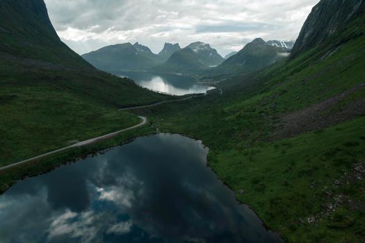 Scenic Dramatic Landscape of Mountains and Lakes of Senja Island in Troms og Finnmark County, Norway.
