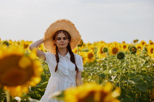 woman with pigtails looking in the sunflower field countryside. High quality photo