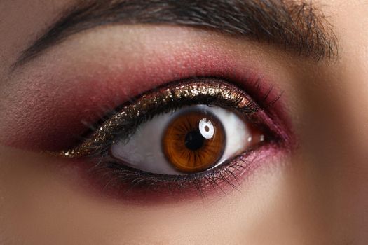 Close-up of beautiful makeup on young woman brown eye, model for makeup tutorial. Female with tired red eyes. Facial beauty, wellness, mua, art concept