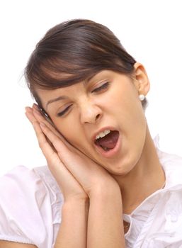 The beautiful business woman sleeps on a white background