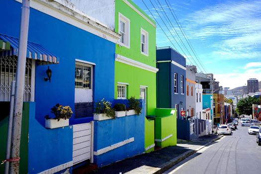  Bo-Kaap district, Cape Town, South Africa - 14 December 2021 : Distinctive bright houses in the bo-kaap district of Cape Town, South Africa
