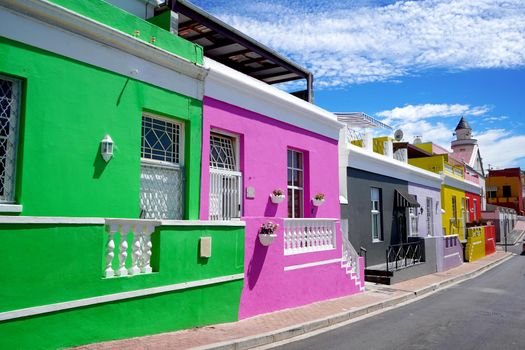  Bo-Kaap district, Cape Town, South Africa - 14 December 2021 : Distinctive bright houses in the bo-kaap district of Cape Town, South Africa