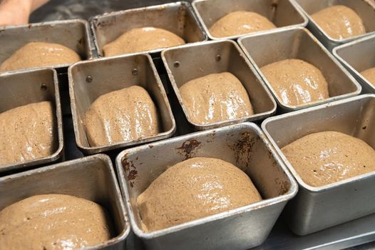 Bread dough in a black metal baking dish on a kitchen countertop. Rye-free rye bread.