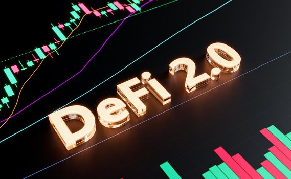 DEFI 2.0 glowing sign with candlestick chart in the background. concept of decentralized finance, stock market, crypto market, economy and future. 3d rendering