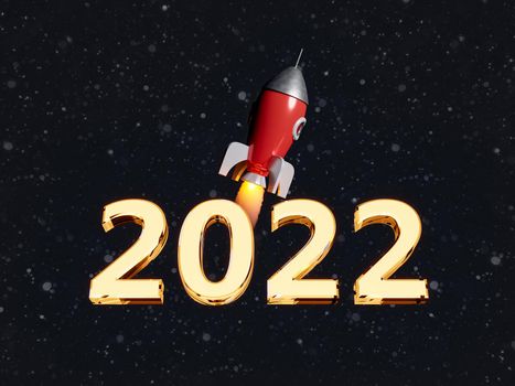 glowing number 2022 with a rocket behind and out of focus particle background. concept of new year, beginning and success. 3d rendering