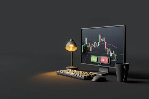 dark minimalist desk with computer screen with candlestick chart and lamp. concept of economics, stock market, cryptocurrencies, decentralized finance and trading. 3d rendering