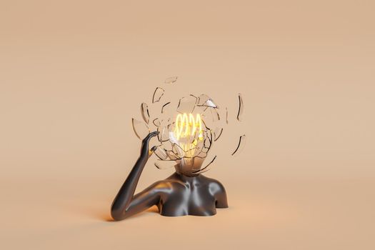 female bust with exploding light bulb head. explosive idea concept, mental, learning and brainstorming. 3d rendering