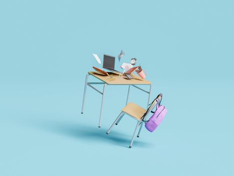 school desk with backpack hanging on the chair and school supplies floating on the table. concept of education, study, stress and learning. 3d rendering