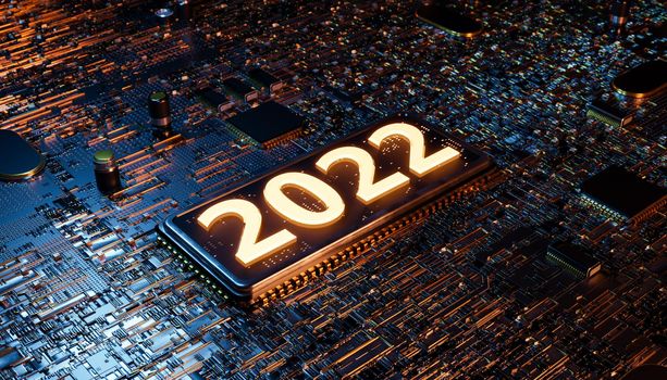 illuminated number 2022 on the microchip of an electronic board. concept of technological new year, innovation and silicon. 3d rendering