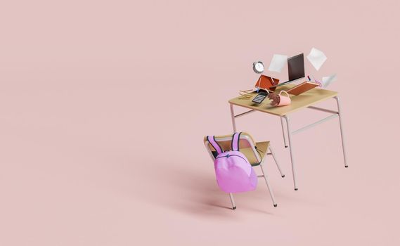 school desk with laptop and school supplies floating. concept of education, stress, study and learning. 3d rendering