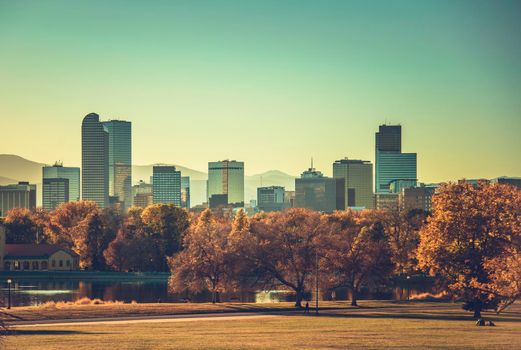 Denver Colorado Fall Time Skyline. United States of America. Downtown and the Rocky Mountains Front Range.