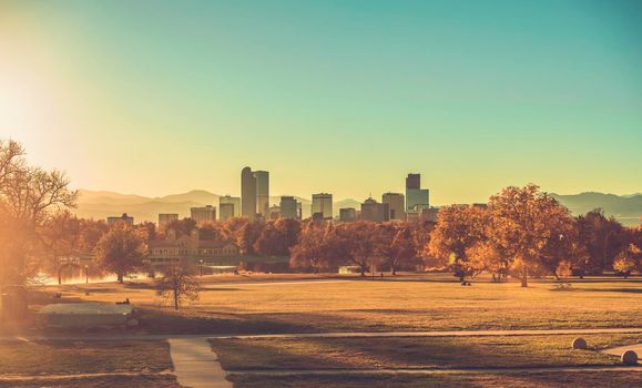 Sunny Fall Time Afternoon Sunset in the Denver Downtown Park Colorado. United States of America.