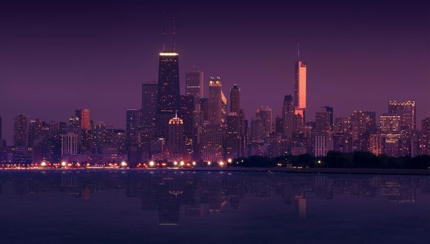 Skyline Chicago During Sunset - Early Evening. Panoramic Photography. Skyline Lake Mirror Has Been Added Digitally. Windy City and Lake Michigan. Horizontal Photo