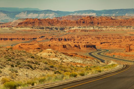 Scenic Winding Utah Rocky Wilderness Interstate Highway I-70. United States of America.