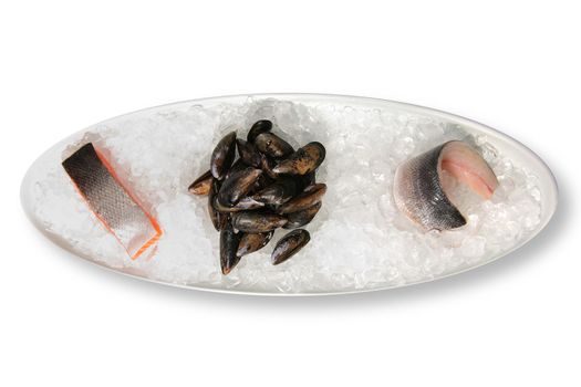 Salmon steak mussels and sea bass on a bed of ice