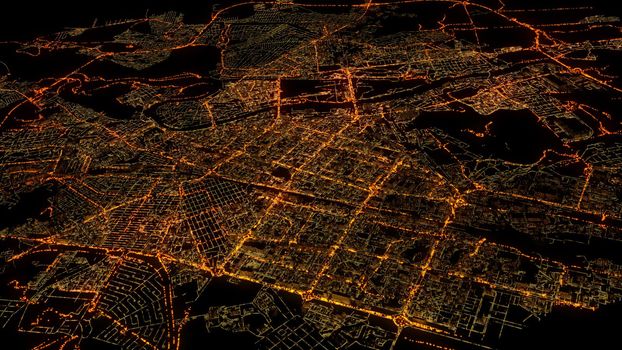 Aerial view of abstract 3d city at night. 3d illustration
