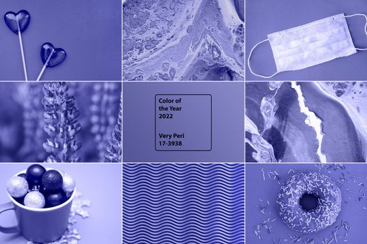A collage showing the fashionable color of 2022 - Very Pari. Trending color 2022.