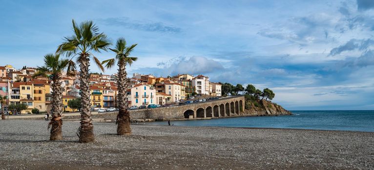 View from beach at Mediterranean seaside town of Banyuls sur Mer, Pyrenees Orientales department, southern France. High quality photo