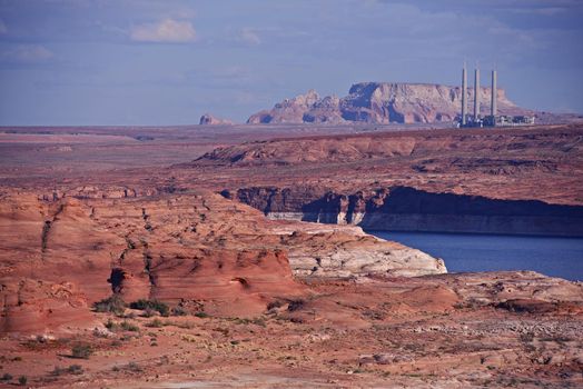 Red Sandstones and Lake Powell in Page, Arizona. Navajo Generating Station in a Distance. Arizona Photography Collection.