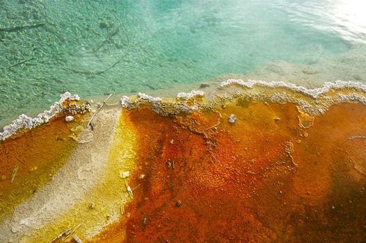 Basin Thumb Photo Background. Colors of Yellowstone. Horizontal Reddish and Blueish Colors. Nature Photo Backgrounds Collection.