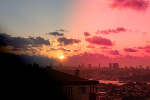 Dramatic colorful cloudy sky with picturesque clouds over Istanbul horizon