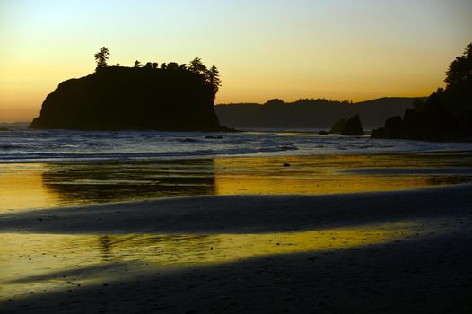 Washington State Shore. Rocky Coast and Sandy Beaches in the Sunset. Northwest Photo Collection