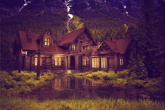 Beautiful Large Luxury Log Home on the Small Mountain Lake.  3D Log House Illustration.
