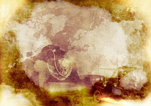 Grungy Vintage Transportation Background with Steam Locomotive, Classic Cars and Compass Rose. Vintage Aged Paper.