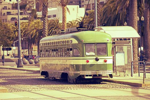The Trolley - San Francisco Historic Tram ( Trolleycar or Tramcar ) in Sepia Color Grading. San Francisco, California, USA. Historical Transport System.