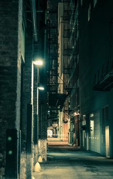 Dark and Spooky Chicago Alley in Greenish Color Grading. Vertical Chicago Alley Photo.