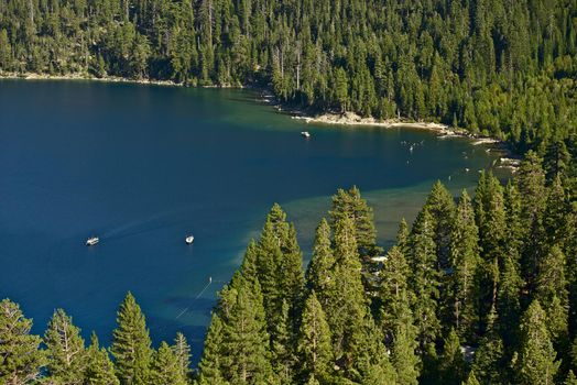 Boats at Lake Tahoe Summer Scenery. Lake Tahoe, Sierra Nevada Mountains - California USA. 