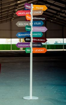 Colorful direction signs in Istanbul city, Turkey, in display