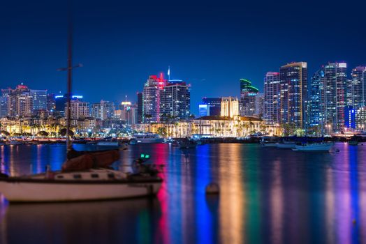 San Diego Skyline at Night. San Diego, California, United States. Colorful Downtown and the Bay.