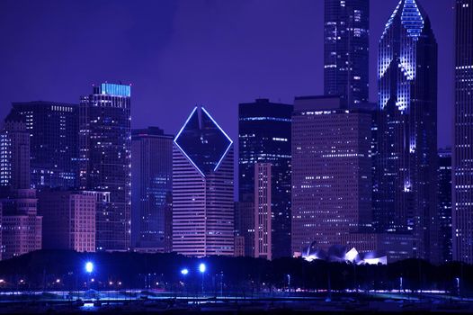 Beautiful Chicago Skyline After Dark. Purple-Blue Tones. Chicago Skyline Horizontal Photo. Chicago, Illinois, USA