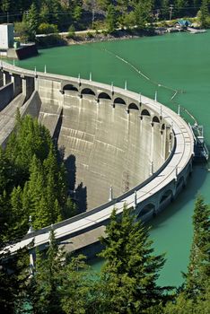 Diablo Dam at Diablo Lake - North Cascades National Park, State of Washington, USA. Nature Power Sources Theme. Green Energy Photo Collection.