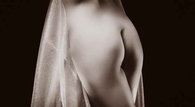 Young nude woman posing in studio with a golden shawl on a dark background. View from the back. Old photo stylization. Sepia toning. Added film grain