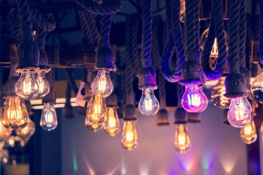 Decorative antique edison style filament light bulbs hanging