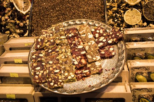 Traditional style Turkish delight sweets for sale at the bazaar