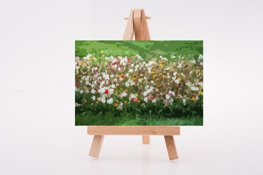 Flower garden view on a painting tripod on white background