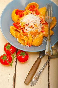 Italian snail lumaconi pasta with ripe cherry tomatoes sauce ingredients