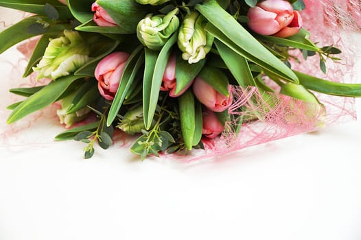 delicate bouquet of white and pink tulips on a white background, copy space