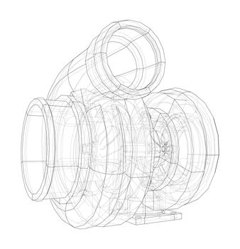 Automobile turbocharger concept outline. 3d illustration. Wire-frame style