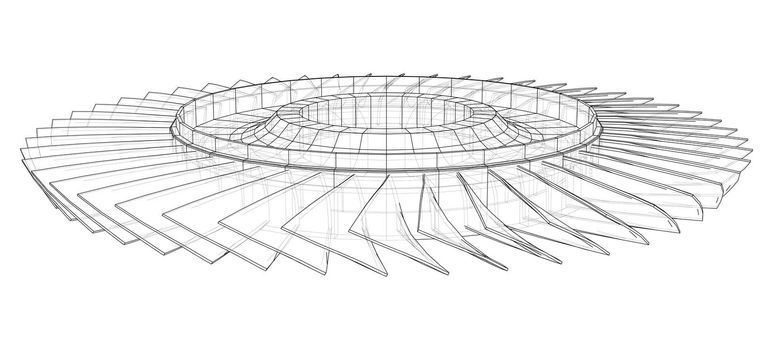Turbine wheel concept outline. 3d illustration. Wire-frame style