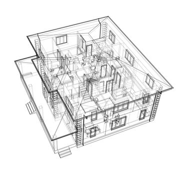 Exterior of the house with visible internal elements. 3d illustration